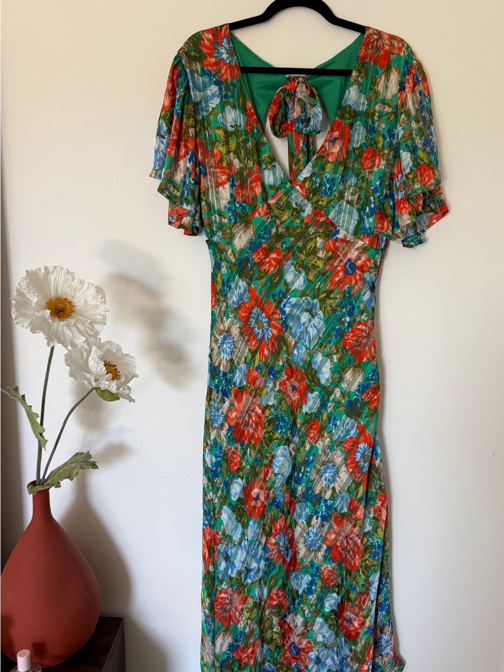 Nasty Gal Green Floral Tie-Back Maxi Dress with Flutter Sleeves